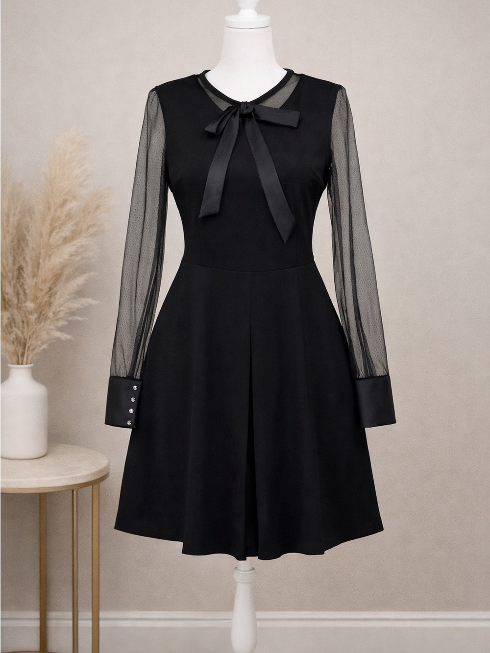 Ina Black Sheer-Sleeve Bow-Tie Fit-and-Flare Dress